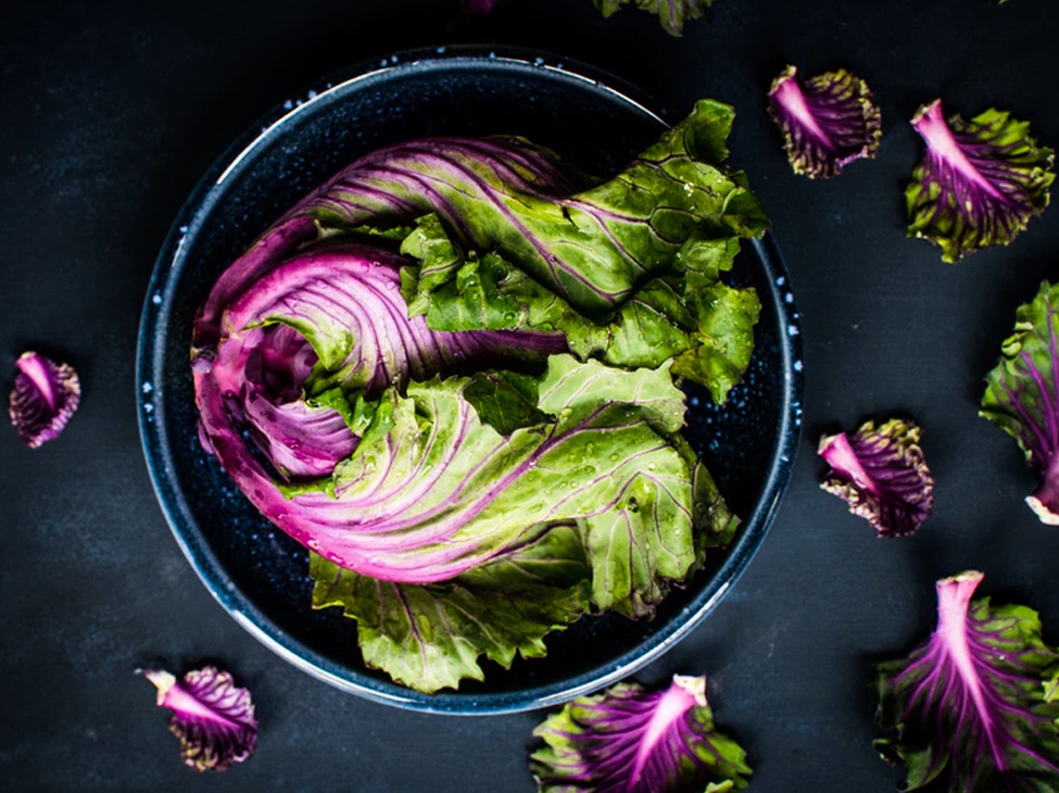 A blue bowl with white star decorations purple stem green leave vegetable.
